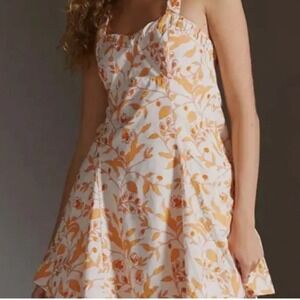 Maeve Anthropologie Orange Floral Smocked Criss Cross Back Mini Dress Small